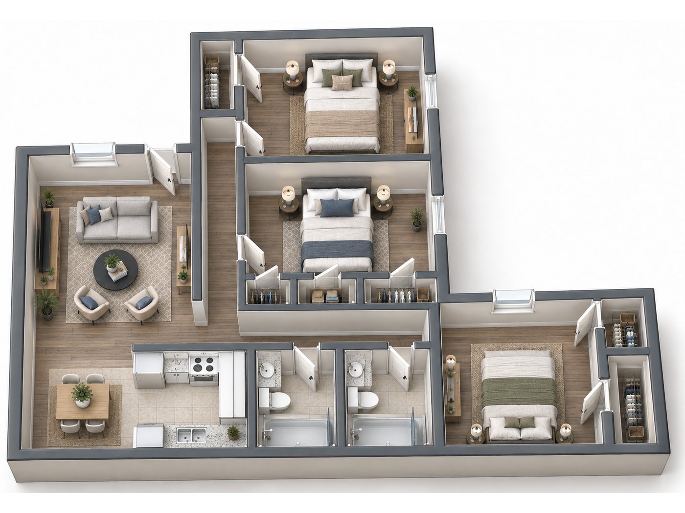 3D floor plan of the three bedroom apartment at Quail Creek — three bedrooms, two baths, living room, kitchen and dining area